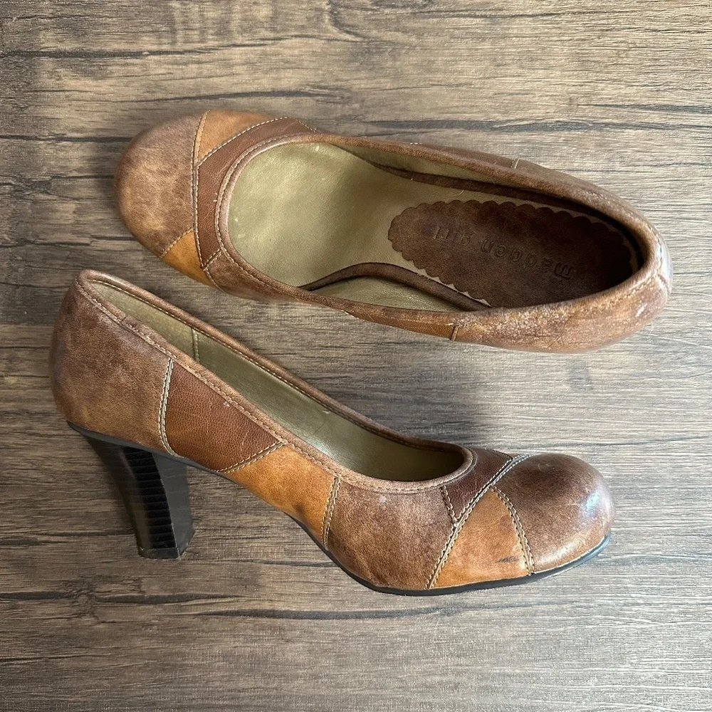 *MADDEN GIRL* Brown Danceer Faux Leather Patchwork Heels Size 6 - Picture 1 of 13